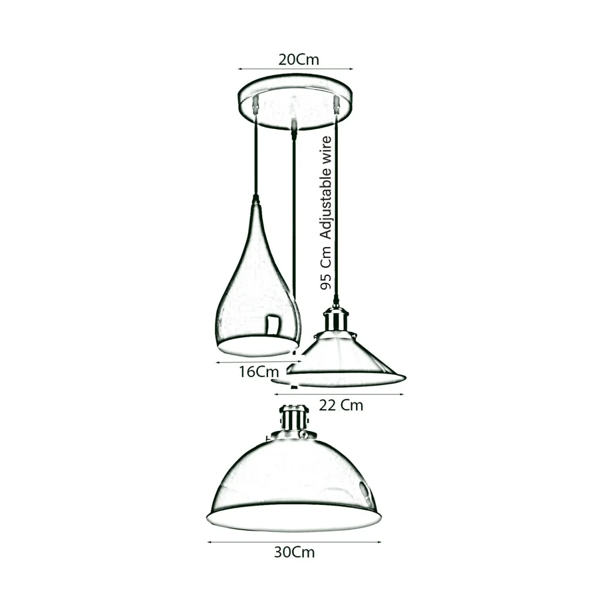 3-koppige hanglamp van metaal, plafondlamp ~3515 - Afbeelding 4