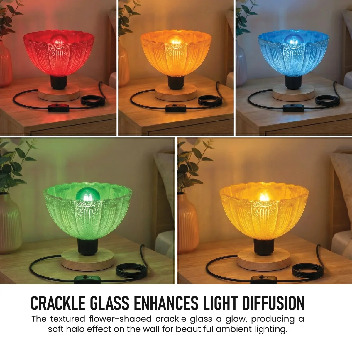 Wooden Base Table Lamp with Crackle Glass Shade & E27 LED Bulb~ 6723 - Afbeelding 4