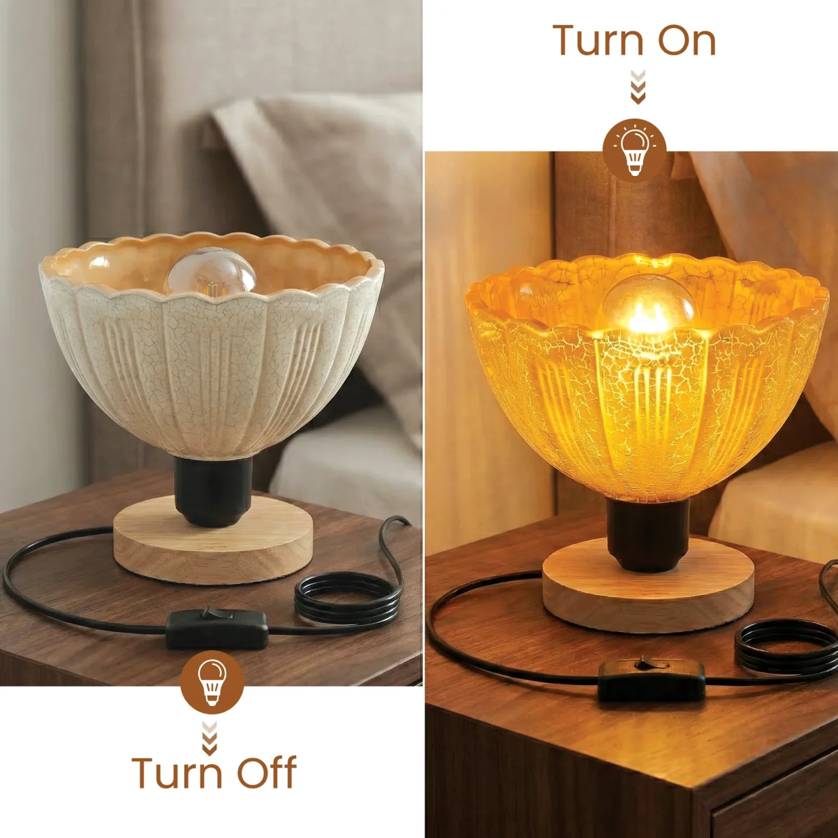 Wooden Base Table Lamp with Crackle Glass Shade & E27 LED Bulb~ 6723 - Afbeelding 5