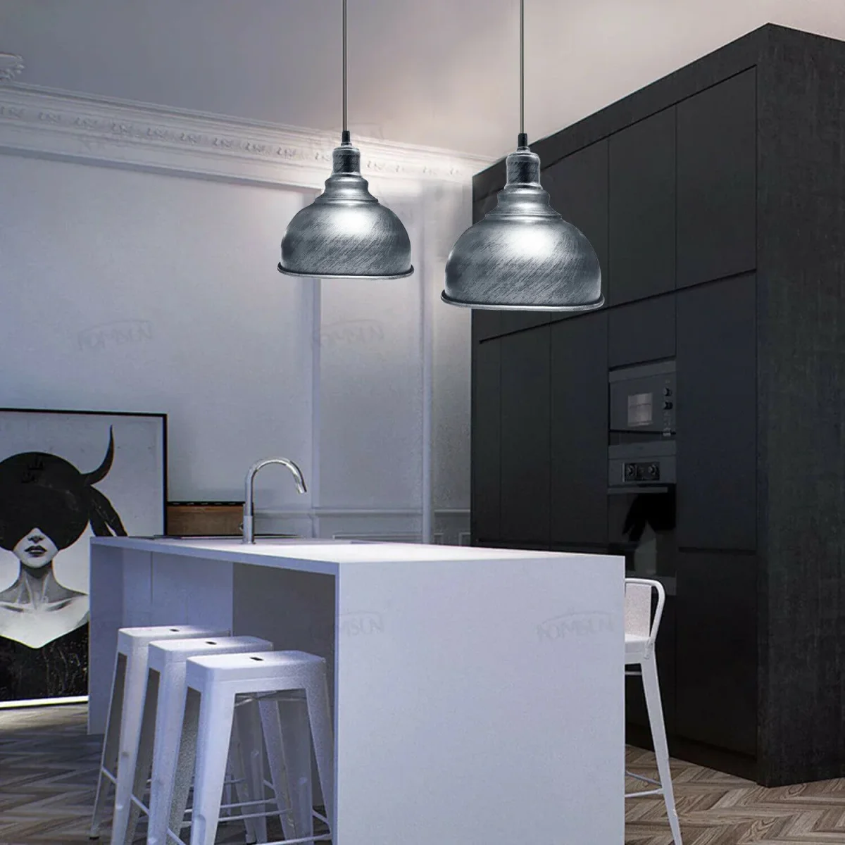 Geborstelde zilveren retro hanglamp in metalen stijl, kap ~1855 - Afbeelding 3