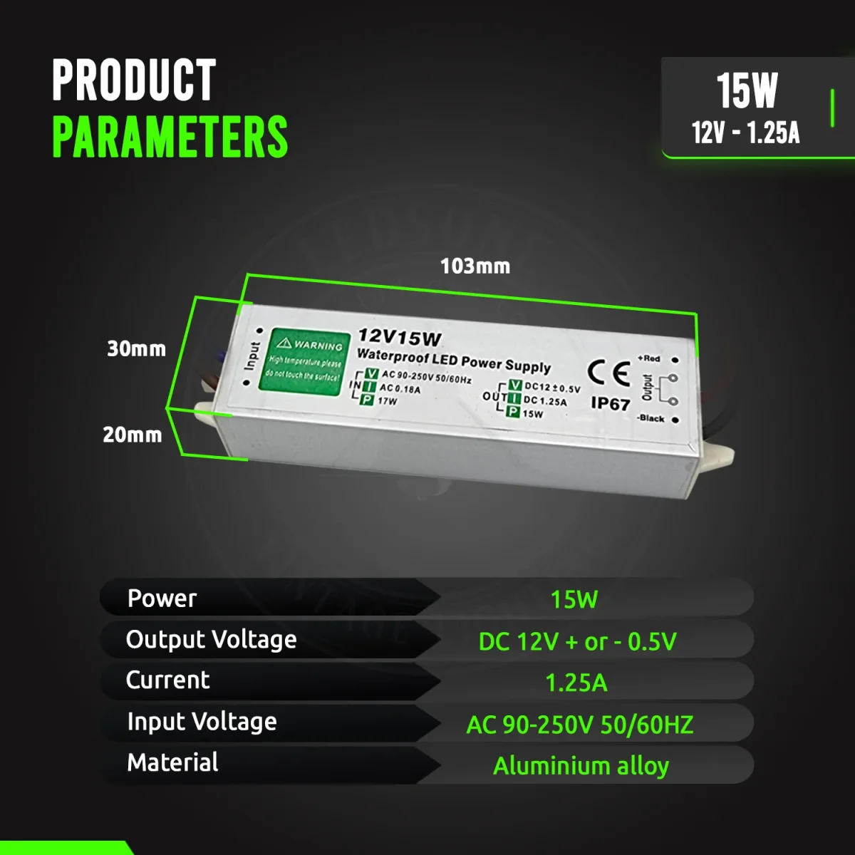 IP67 waterdichte DC 12V 15W LED-driver LED-voedingstransformator ~3363 - Afbeelding 4