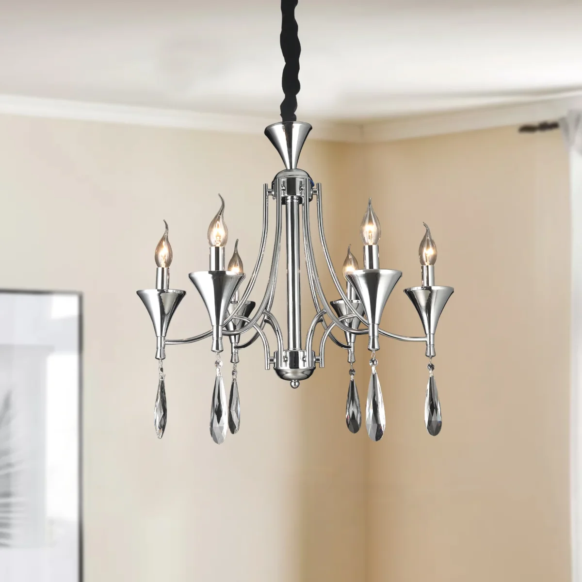 Kristallen kroonluchter met kaarsverlichting, verstelbare hanglamp met E14-fitting ~ 4625 - Afbeelding 7