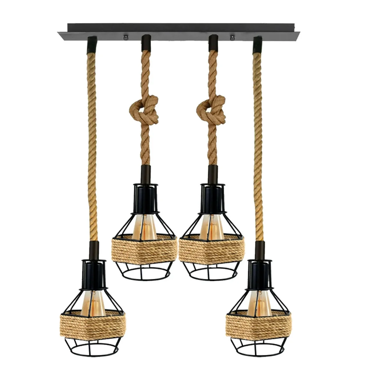 Vintage industriële E27 4-kops henneptouw hanglamp retro decor~2229 - Afbeelding 3