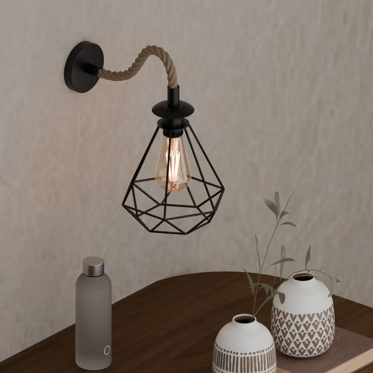 Vintage henneptouw metalen kap E27 wandlamp wandlamp~5700 - Afbeelding 5