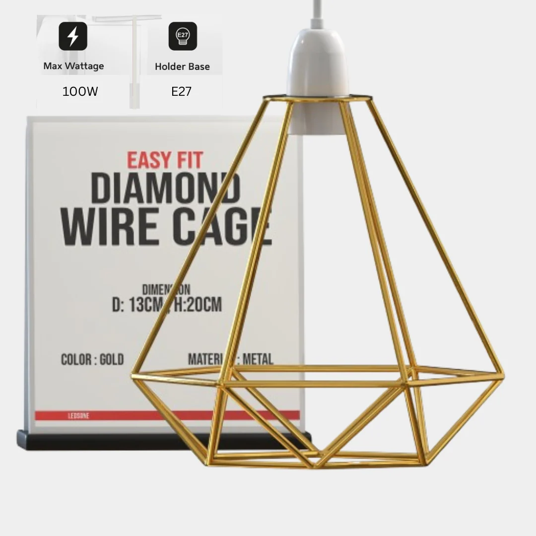Metalen hanglamp met gouden kap, geometrische draadkooi, ~1904 - Afbeelding 4