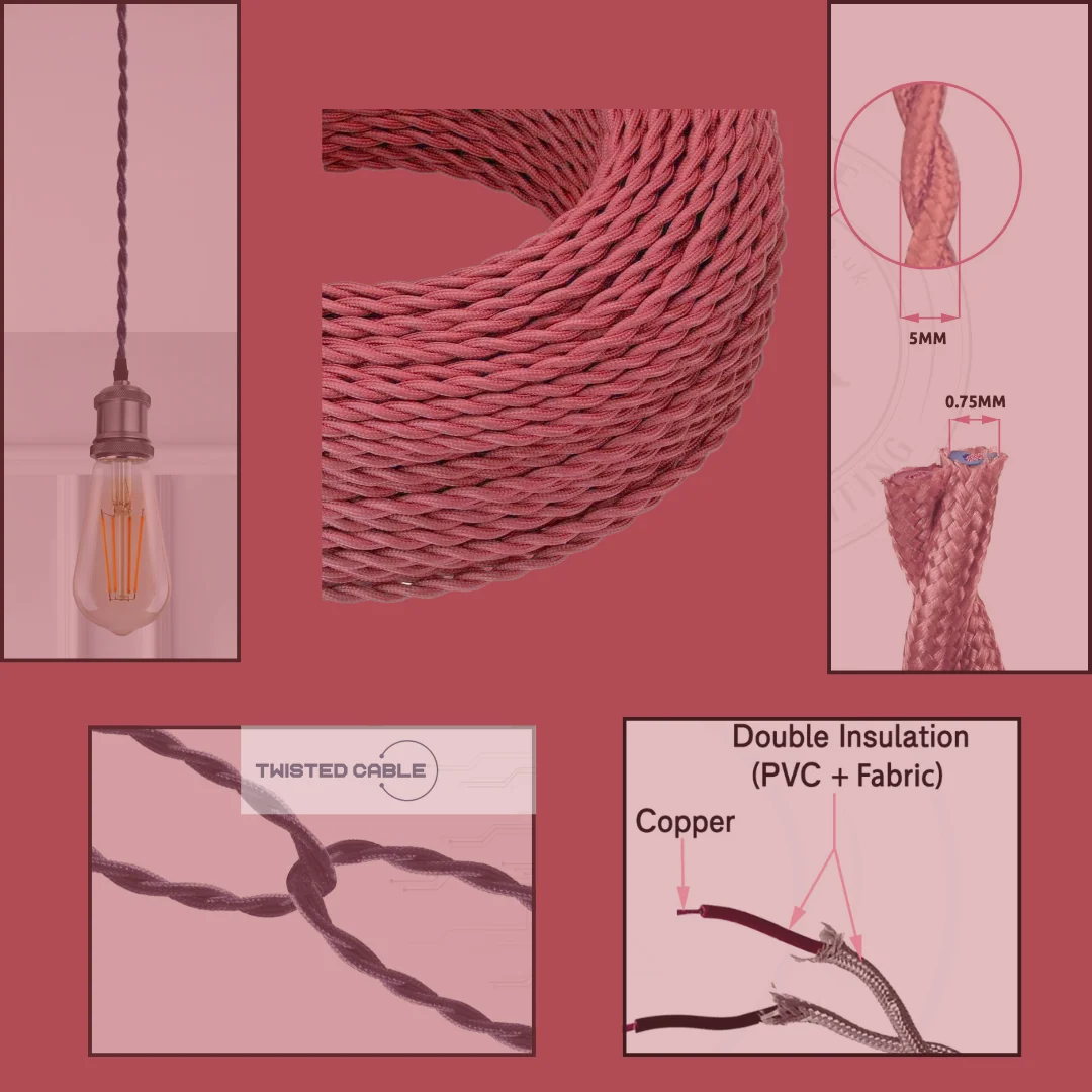 1m/5m/10m 2-aderige gedraaide elektrische kabel perzikkleurige stof~4789 - Afbeelding 4
