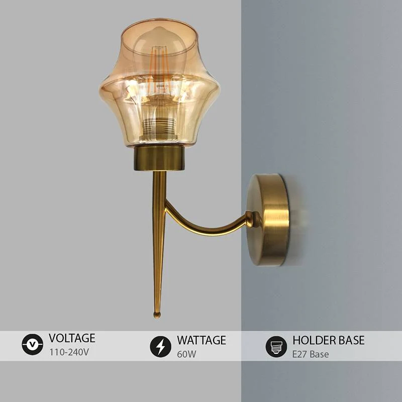 Moderne amberkleurige glazen wandlamp met koperen plaat en E27-voet ~ 4903 - Afbeelding 6
