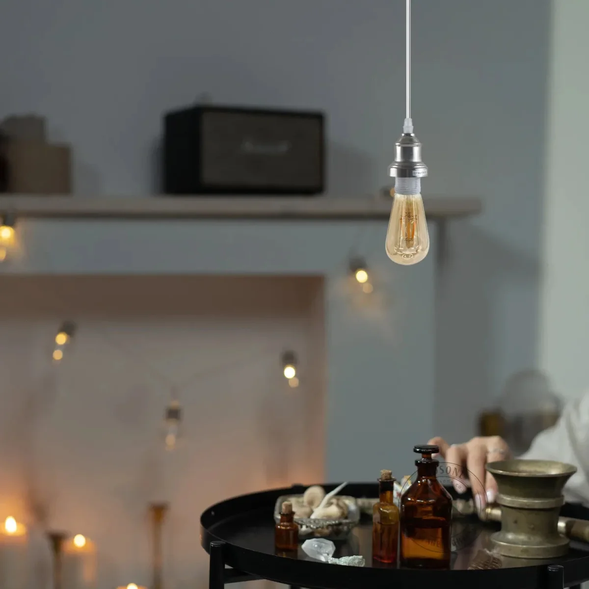 Hanglamp E27 set satijnnikkel lampvoet UK~5888 - Afbeelding 2