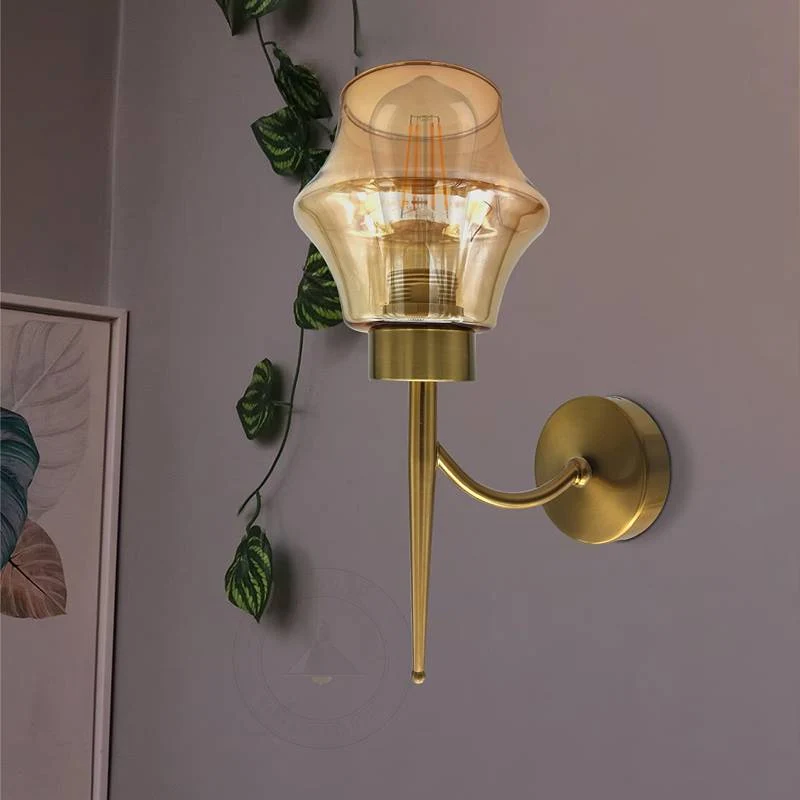Moderne amberkleurige glazen wandlamp met koperen plaat en E27-voet ~ 4903 - Afbeelding 5